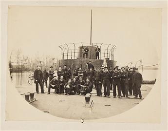 (CIVIL WAR--NAVY.) Pair of large photographs of Monitor-class vessels and their crews on the James River.